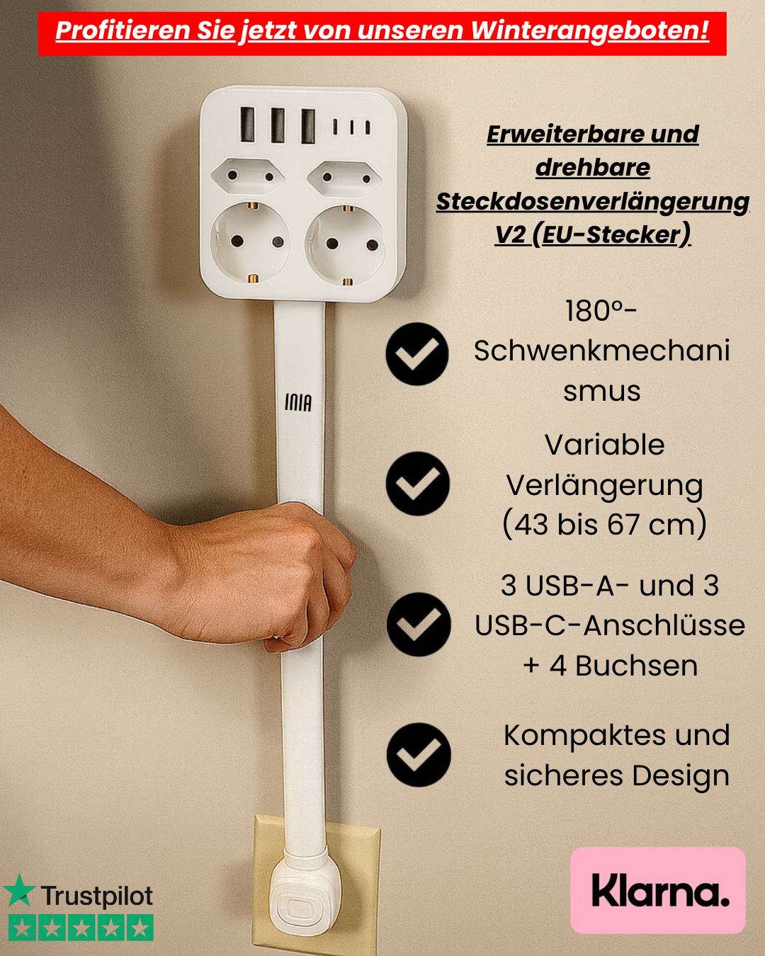 INIA® – Erweiterbare und drehbare Steckdosenverlängerung V2 (EU-Stecker)
