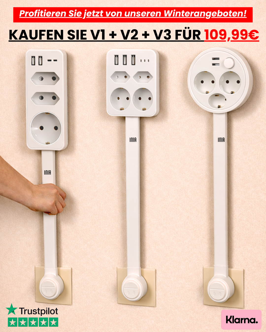 INIA® – Set mit 3 ausziehbaren und drehbaren Steckdosenverlängerungen