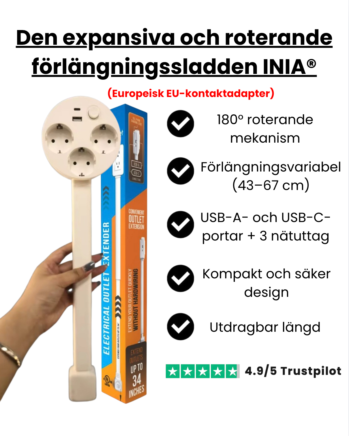 INIA® - Den expansiva och roterande förlängningssladden (EU-kontakt)