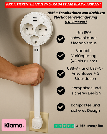 INIA® – Erweiterbare und drehbare Steckdosenverlängerung V1 (EU-Stecker).