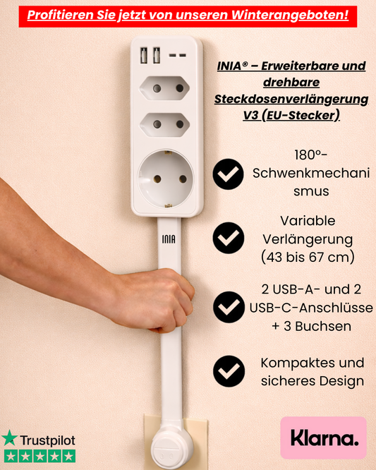 INIA® – Erweiterbare und drehbare Steckdosenverlängerung V3 (EU-Stecker)