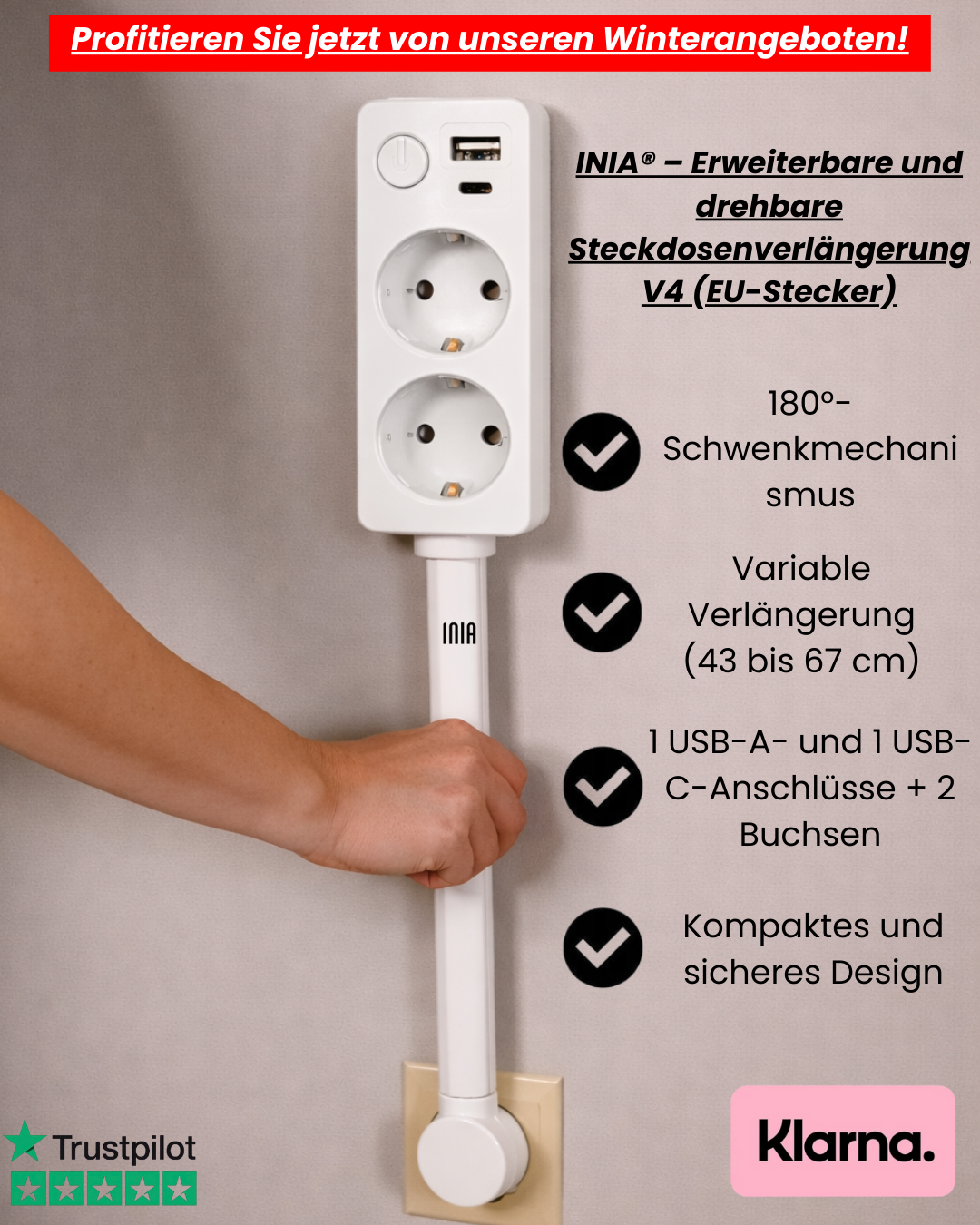 INIA® – Erweiterbare und drehbare Steckdosenverlängerung V4 (EU-Stecker)
